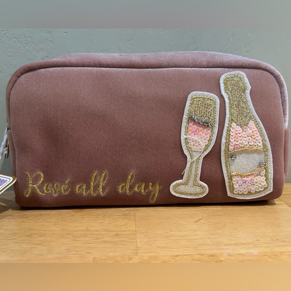 Gloss & Glo “Rose All Day” Pink Velvet Cosmetic Bag With Gold Sequin Accents - Picture 9 of 9